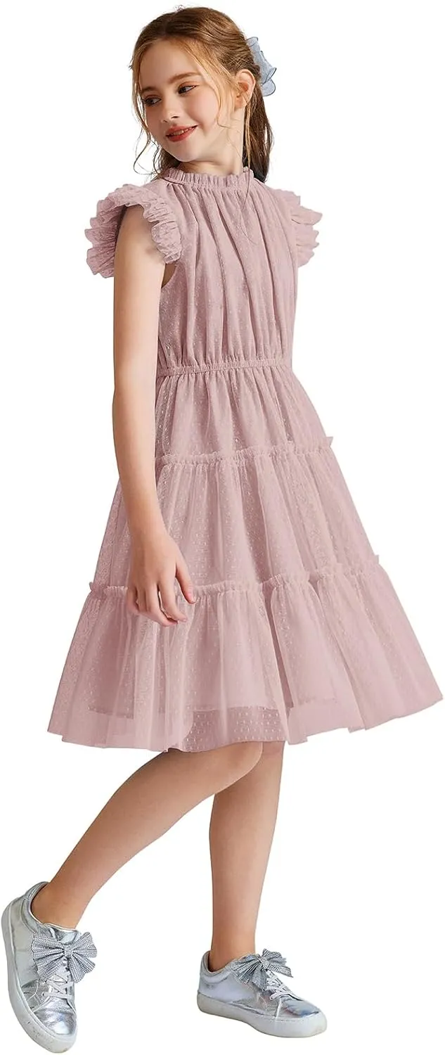 Quedoris Girls Tulle Dress Elastic Neck and Waist Three Layers Ruffle Sleeve Tiered Skirt Party Casual Dress