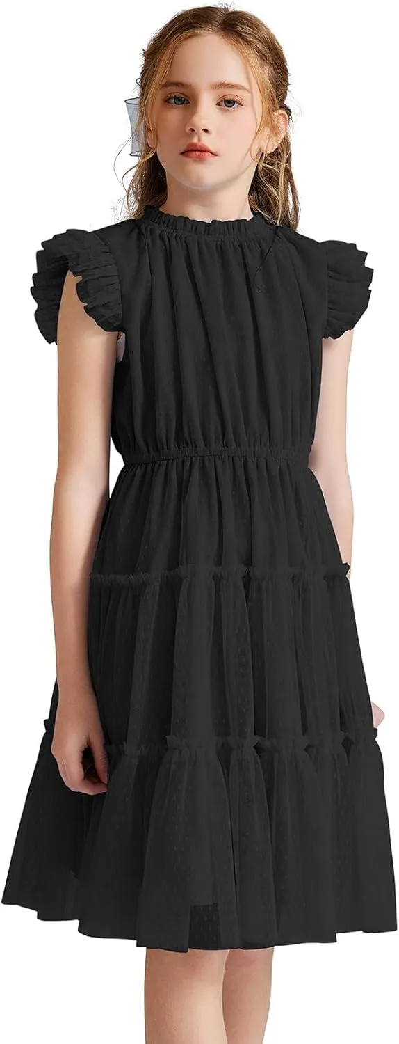 Quedoris Girls Tulle Dress Elastic Neck and Waist Three Layers Ruffle Sleeve Tiered Skirt Party Casual Dress