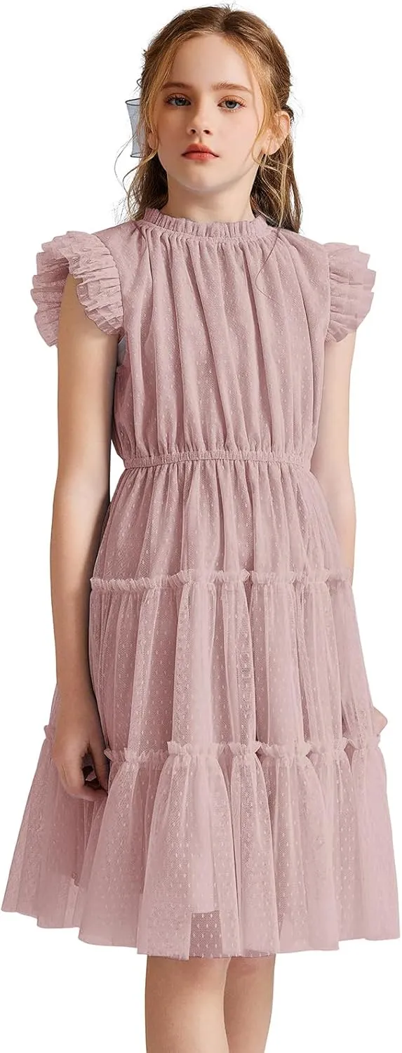 Quedoris Girls Tulle Dress Elastic Neck and Waist Three Layers Ruffle Sleeve Tiered Skirt Party Casual Dress