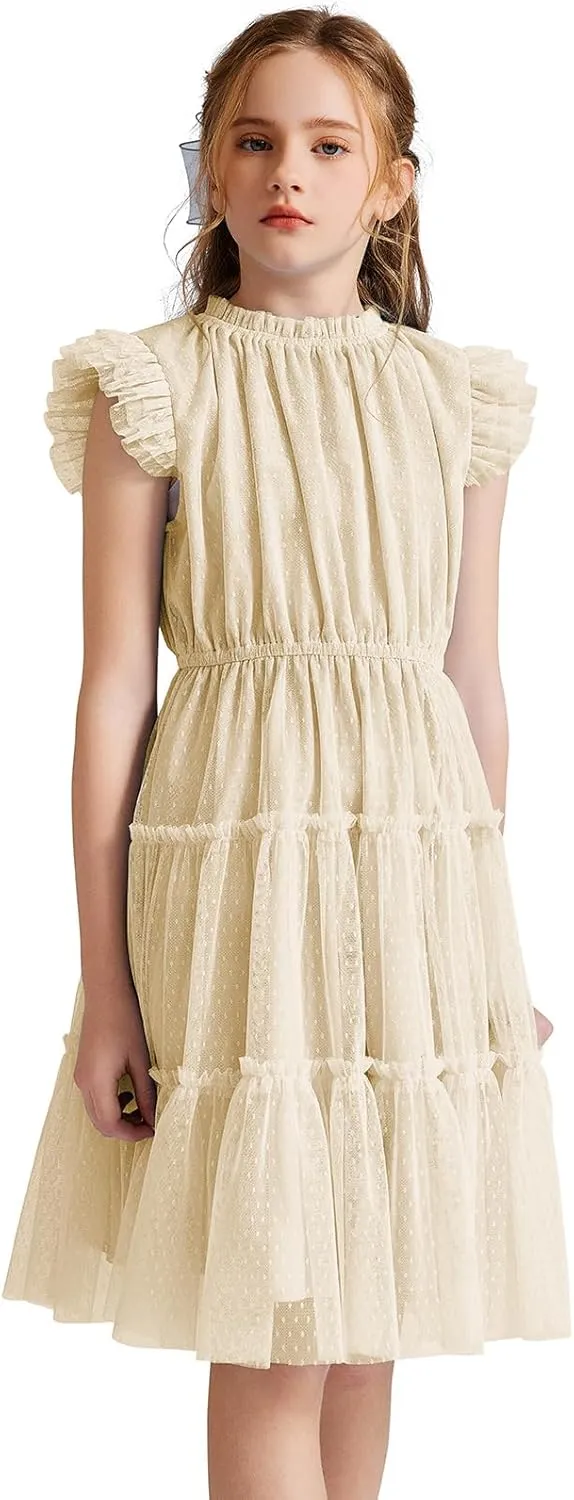 Quedoris Girls Tulle Dress Elastic Neck and Waist Three Layers Ruffle Sleeve Tiered Skirt Party Casual Dress
