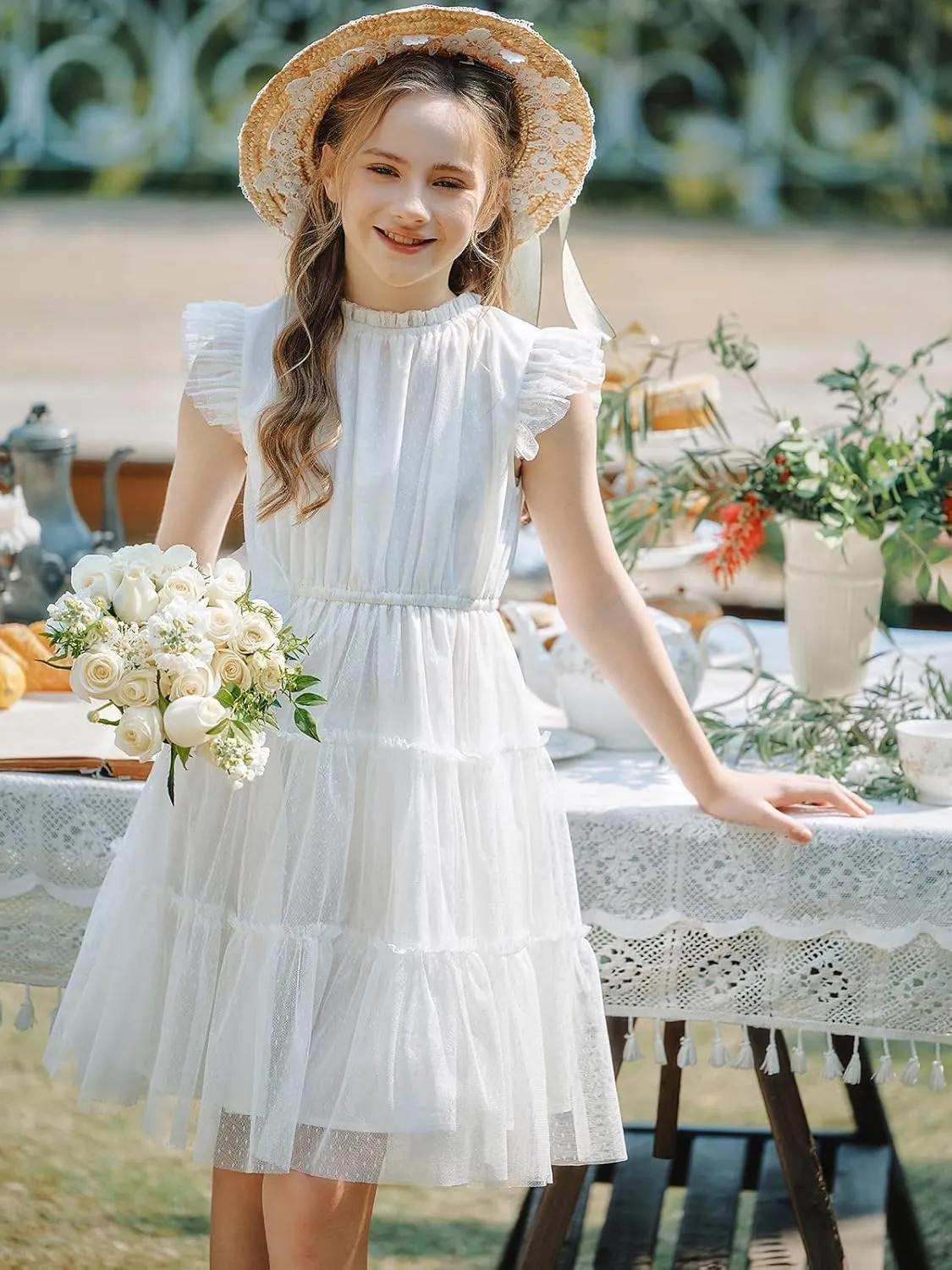 Quedoris Girls Tulle Dress Elastic Neck and Waist Three Layers Ruffle Sleeve Tiered Skirt Party Casual Dress