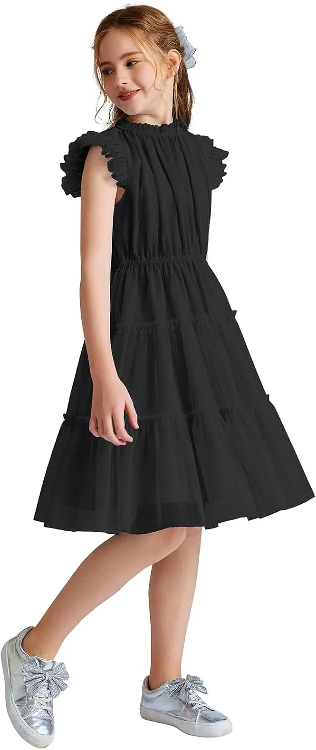 Quedoris Girls Tulle Dress Elastic Neck and Waist Three Layers Ruffle Sleeve Tiered Skirt Party Casual Dress