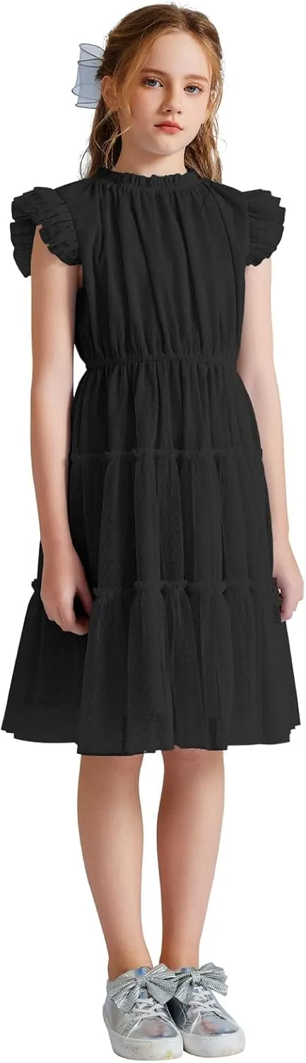 Quedoris Girls Tulle Dress Elastic Neck and Waist Three Layers Ruffle Sleeve Tiered Skirt Party Casual Dress