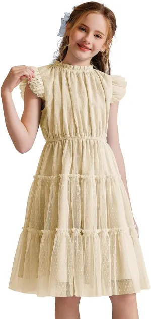 Quedoris Girls Tulle Dress Elastic Neck and Waist Three Layers Ruffle Sleeve Tiered Skirt Party Casual Dress