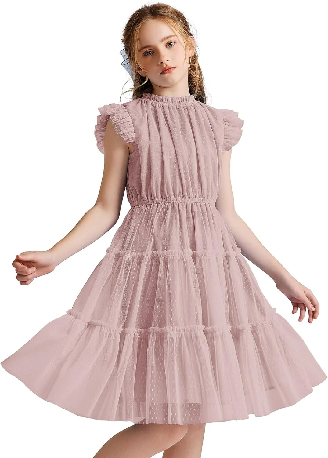 Quedoris Girls Tulle Dress Elastic Neck and Waist Three Layers Ruffle Sleeve Tiered Skirt Party Casual Dress