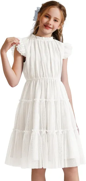 Quedoris Girls Tulle Dress Elastic Neck and Waist Three Layers Ruffle Sleeve Tiered Skirt Party Casual Dress