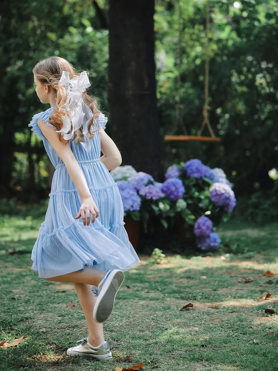Quedoris Girls Tulle Dress Elastic Neck and Waist Three Layers Ruffle Sleeve Tiered Skirt Party Casual Dress