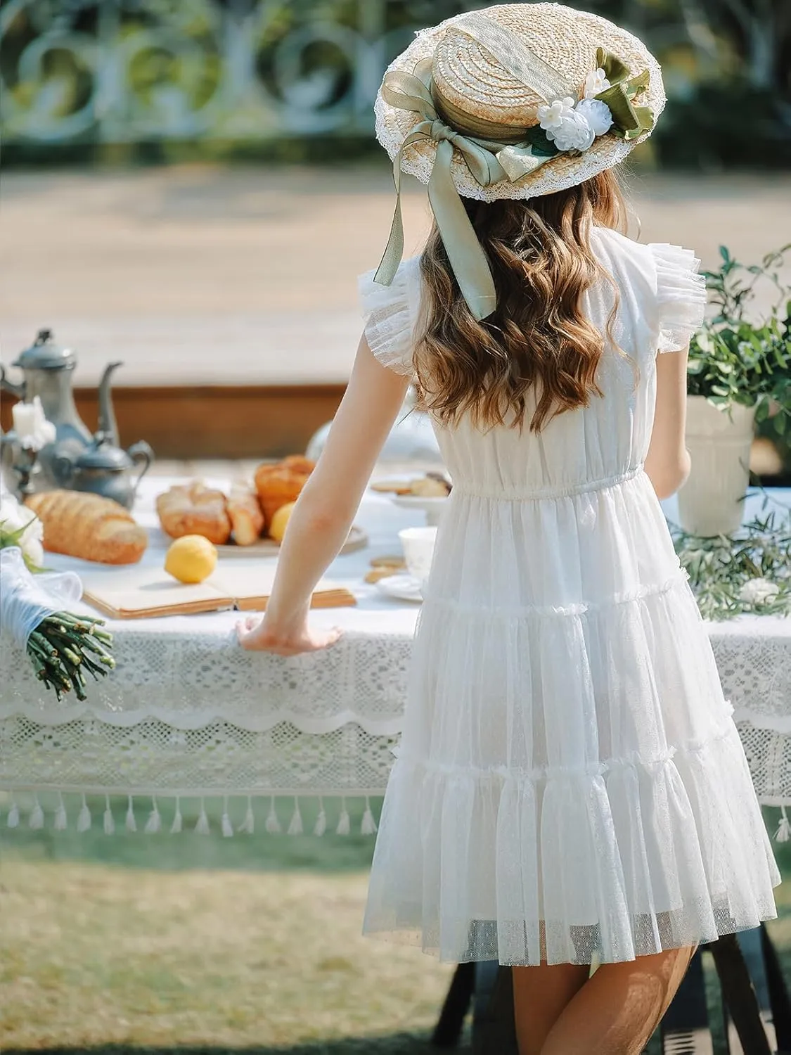 Quedoris Girls Tulle Dress Elastic Neck and Waist Three Layers Ruffle Sleeve Tiered Skirt Party Casual Dress