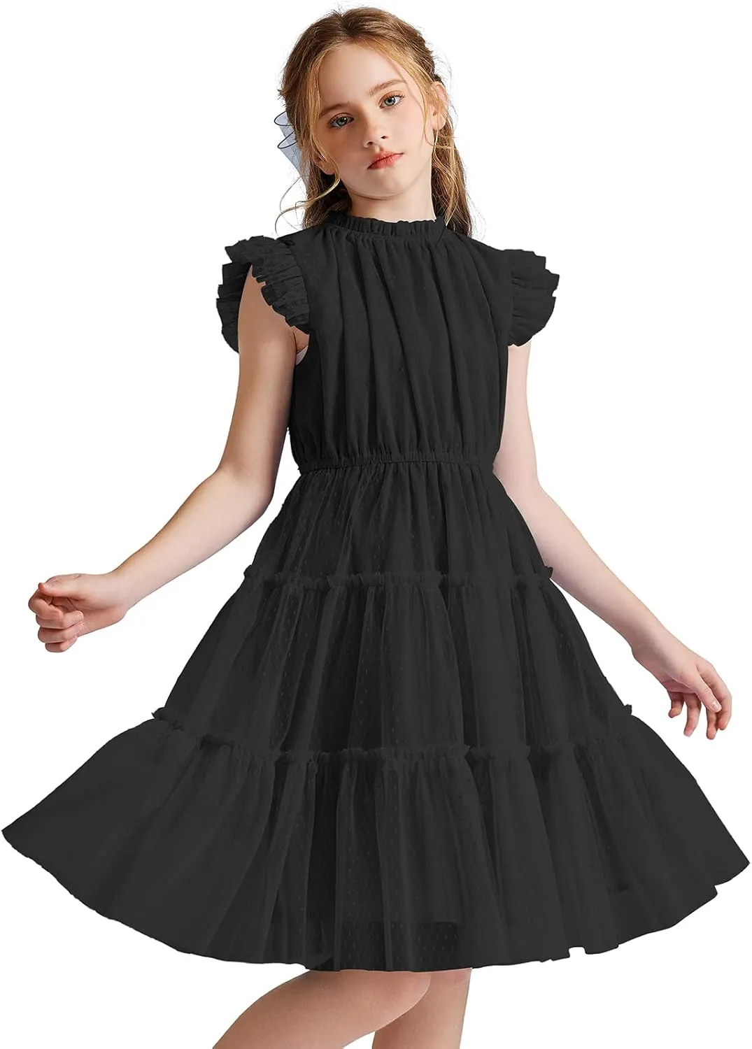 Quedoris Girls Tulle Dress Elastic Neck and Waist Three Layers Ruffle Sleeve Tiered Skirt Party Casual Dress