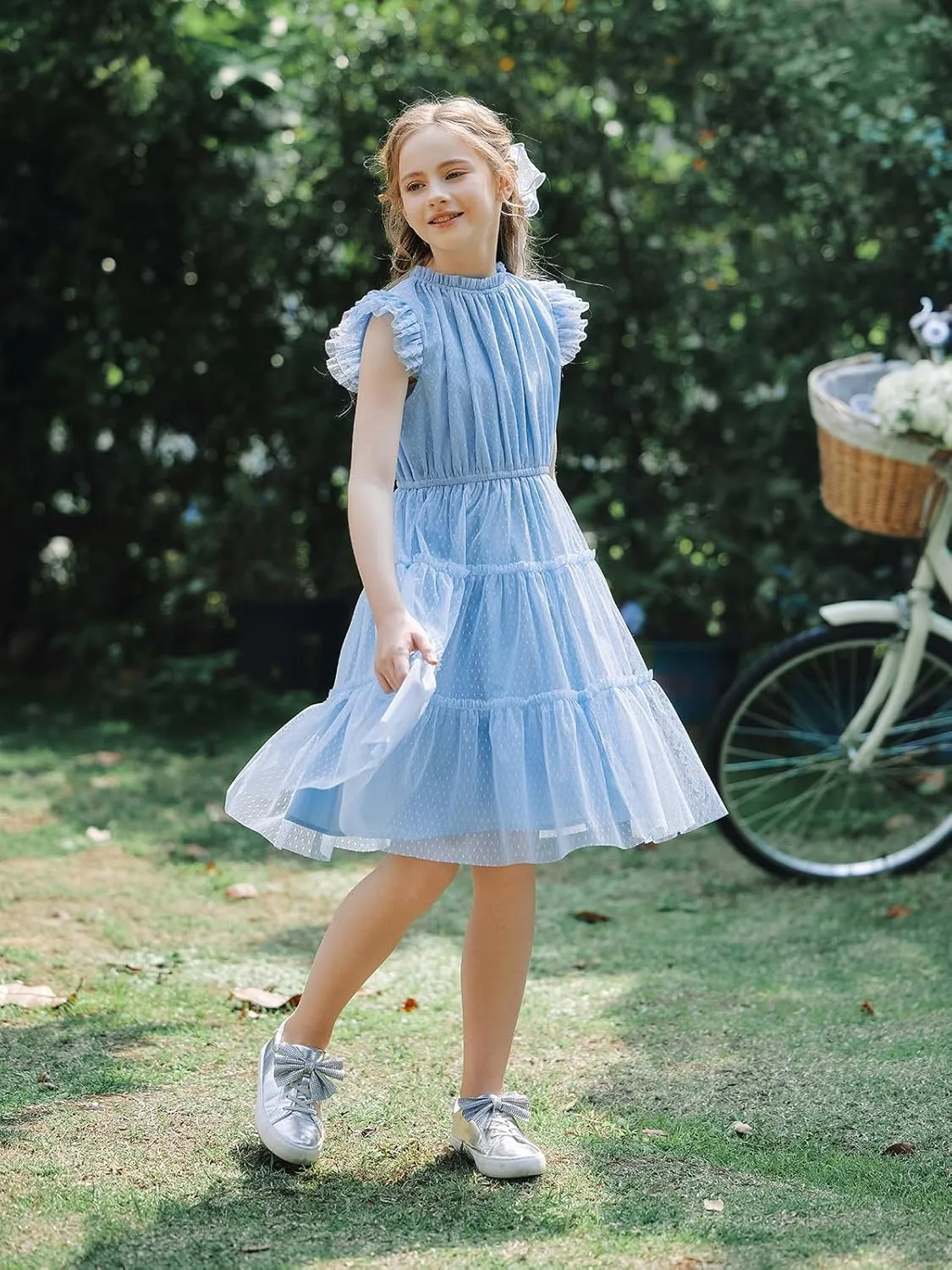 Quedoris Girls Tulle Dress Elastic Neck and Waist Three Layers Ruffle Sleeve Tiered Skirt Party Casual Dress