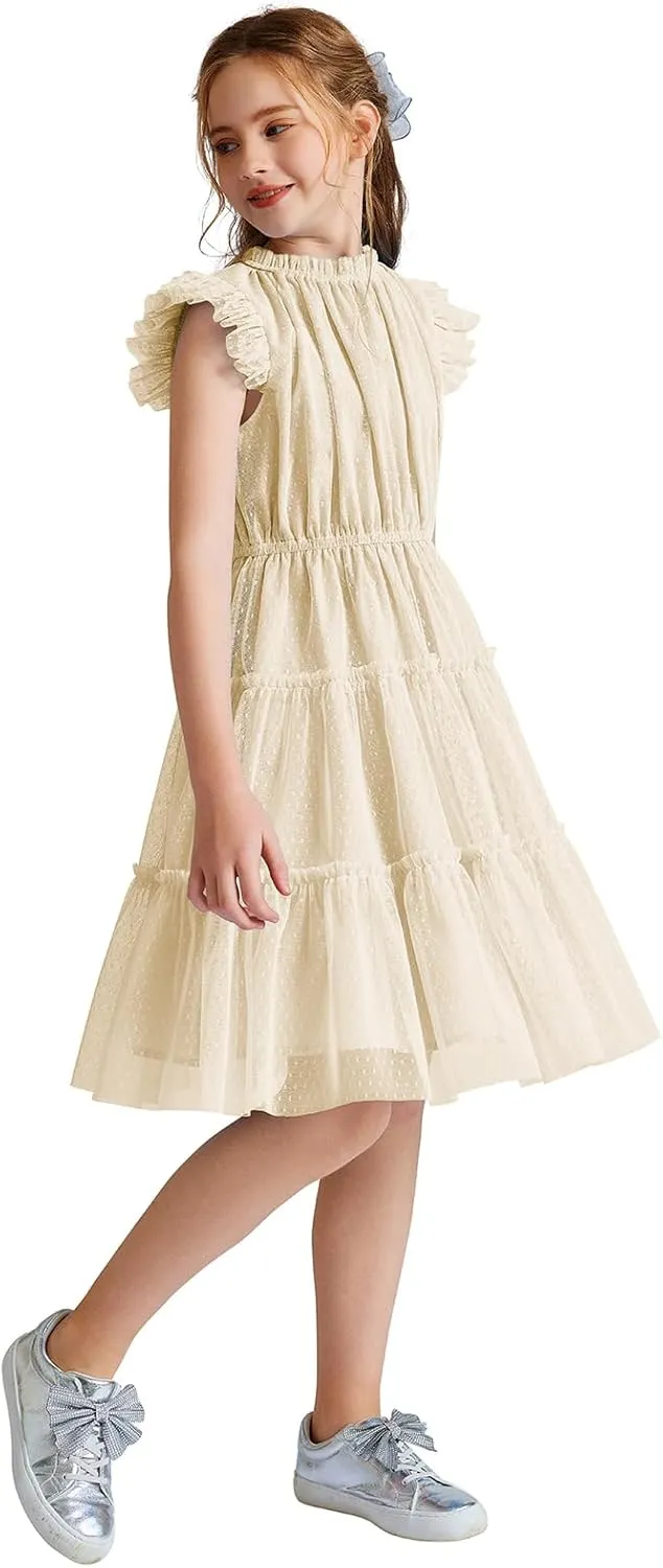 Quedoris Girls Tulle Dress Elastic Neck and Waist Three Layers Ruffle Sleeve Tiered Skirt Party Casual Dress