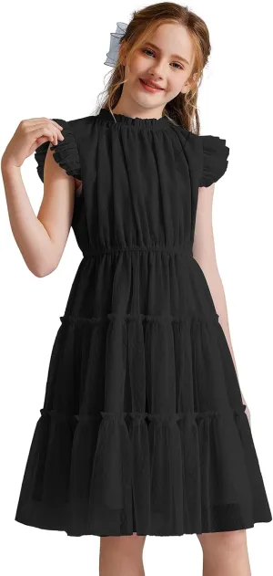 Quedoris Girls Tulle Dress Elastic Neck and Waist Three Layers Ruffle Sleeve Tiered Skirt Party Casual Dress