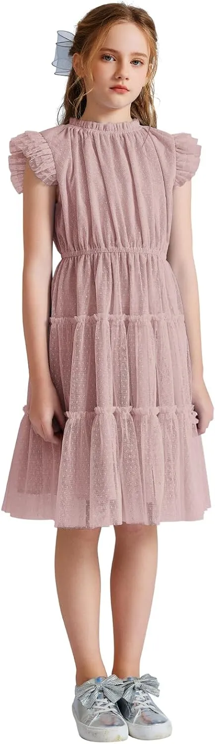 Quedoris Girls Tulle Dress Elastic Neck and Waist Three Layers Ruffle Sleeve Tiered Skirt Party Casual Dress