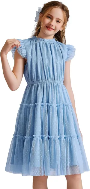 Quedoris Girls Tulle Dress Elastic Neck and Waist Three Layers Ruffle Sleeve Tiered Skirt Party Casual Dress