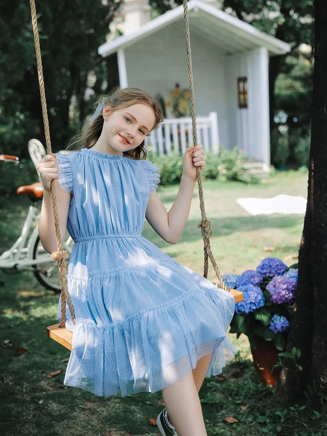 Quedoris Girls Tulle Dress Elastic Neck and Waist Three Layers Ruffle Sleeve Tiered Skirt Party Casual Dress