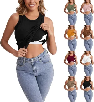 Ribbed Knit Tank Tops with Built in Bra for Women Casual Crew Neck Sleeveless Shirts Basic Workout Camisole Tees 2025
