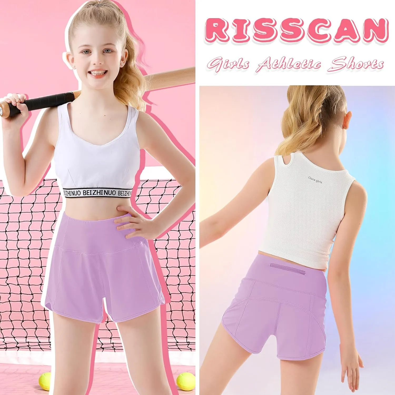 RISSCAN Girls Athletic Running Shorts Teen Girls with Back Zip Pocket Workout Quick Dry Lightweight Active Short for Kids
