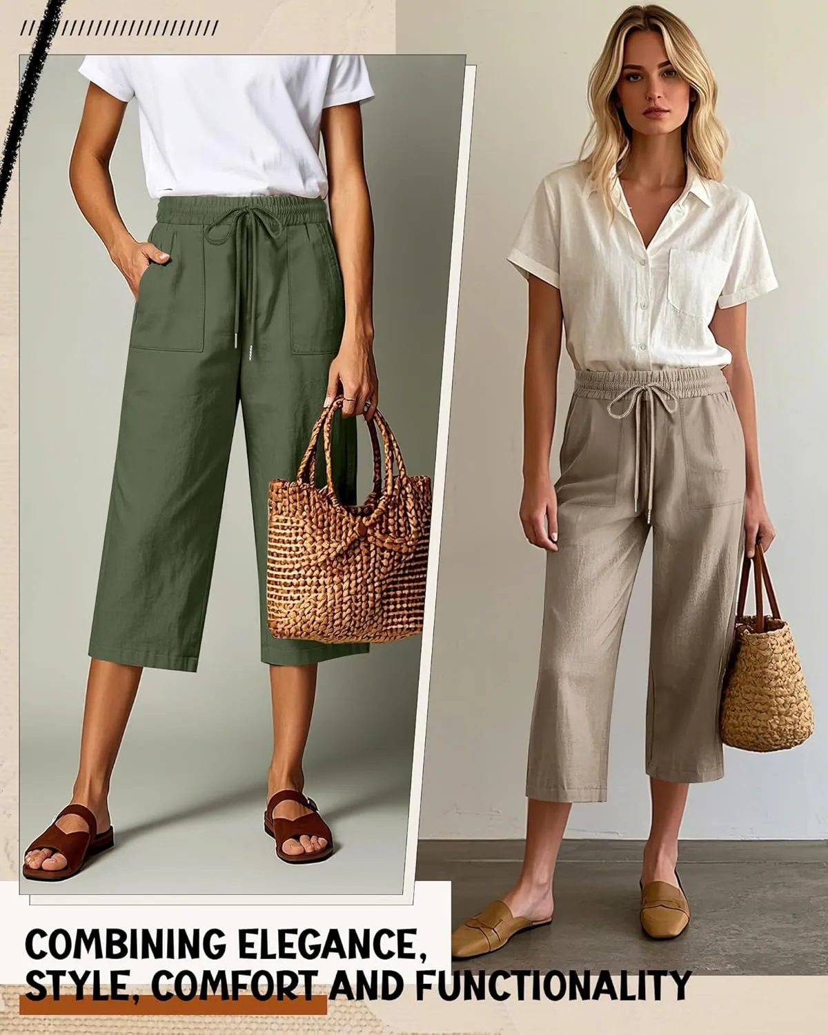 Riyiper 2 Pcs Women's Cotton Linen Wide Leg Capri Pants, Drawstring Casual Cropped Trousers Loose Palazzo Pants with Pockets