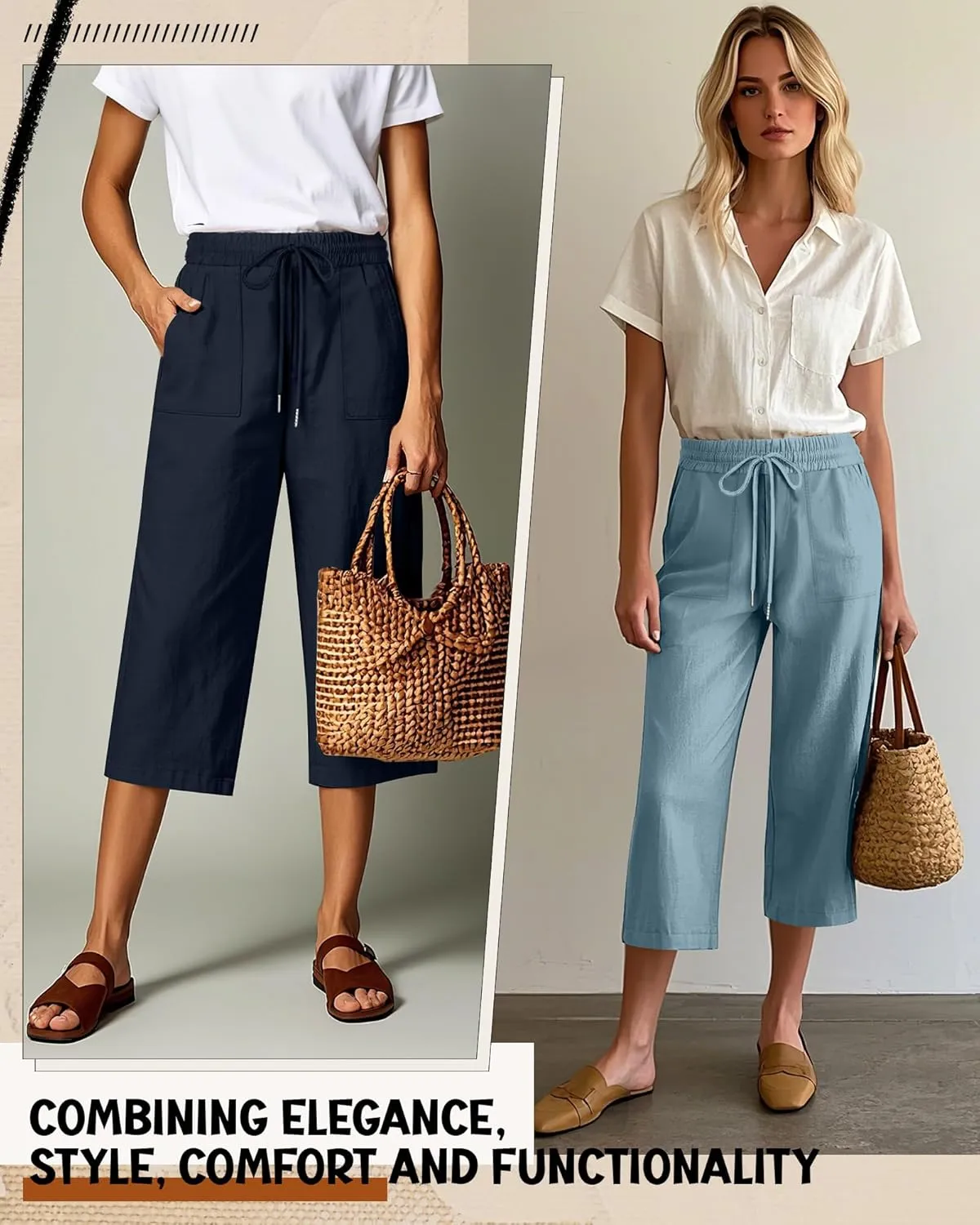 Riyiper 2 Pcs Women's Cotton Linen Wide Leg Capri Pants, Drawstring Casual Cropped Trousers Loose Palazzo Pants with Pockets