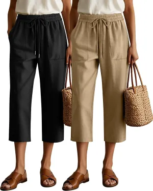Riyiper 2 Pcs Women's Cotton Linen Wide Leg Capri Pants, Drawstring Casual Cropped Trousers Loose Palazzo Pants with Pockets