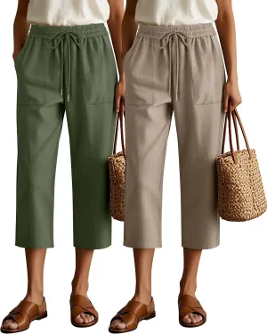 Riyiper 2 Pcs Women's Cotton Linen Wide Leg Capri Pants, Drawstring Casual Cropped Trousers Loose Palazzo Pants with Pockets