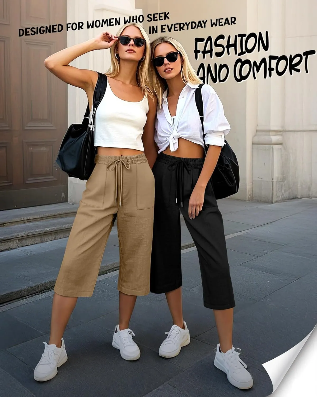 Riyiper 2 Pcs Women's Cotton Linen Wide Leg Capri Pants, Drawstring Casual Cropped Trousers Loose Palazzo Pants with Pockets