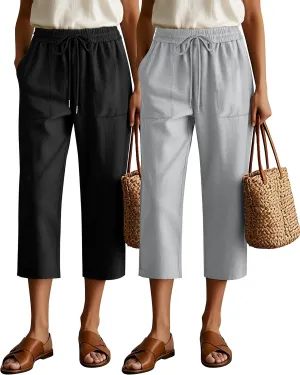 Riyiper 2 Pcs Women's Cotton Linen Wide Leg Capri Pants, Drawstring Casual Cropped Trousers Loose Palazzo Pants with Pockets