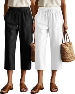 Riyiper 2 Pcs Women's Cotton Linen Wide Leg Capri Pants, Drawstring Casual Cropped Trousers Loose Palazzo Pants with Pockets