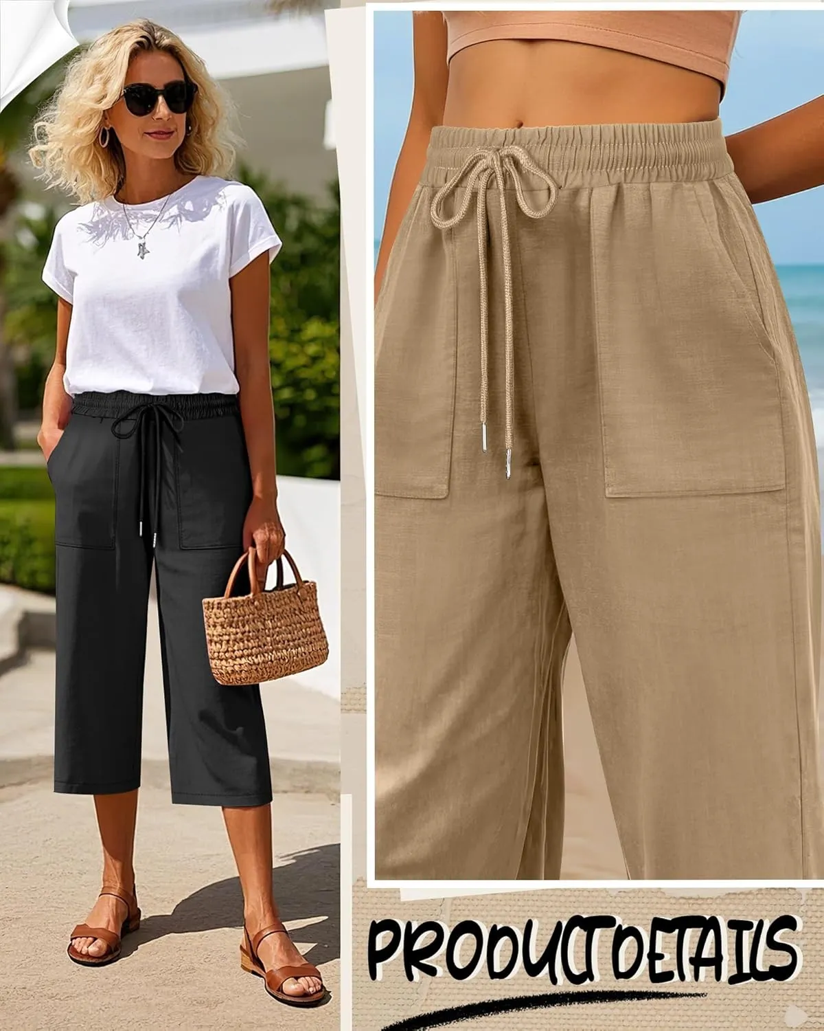 Riyiper 2 Pcs Women's Cotton Linen Wide Leg Capri Pants, Drawstring Casual Cropped Trousers Loose Palazzo Pants with Pockets