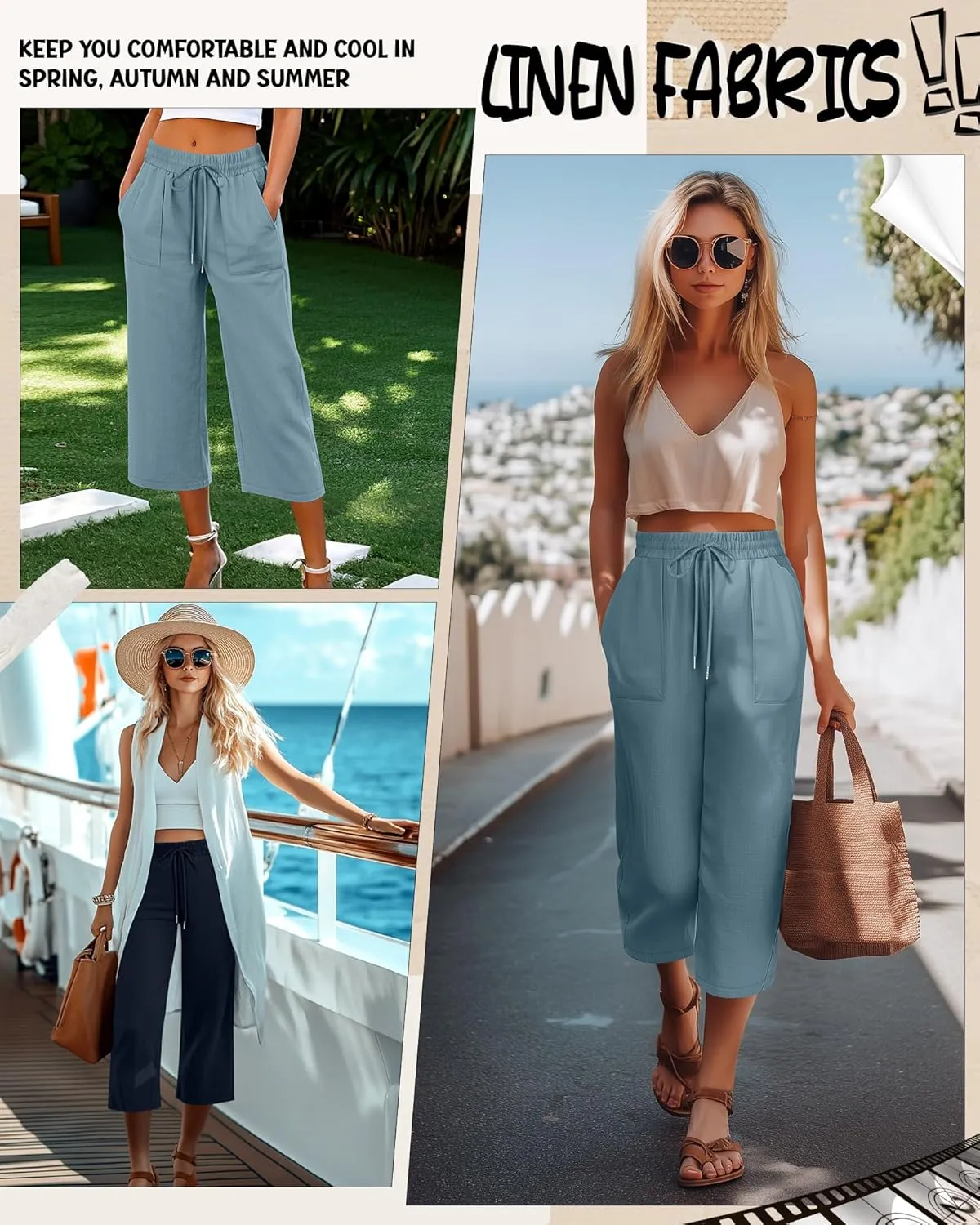 Riyiper 2 Pcs Women's Cotton Linen Wide Leg Capri Pants, Drawstring Casual Cropped Trousers Loose Palazzo Pants with Pockets