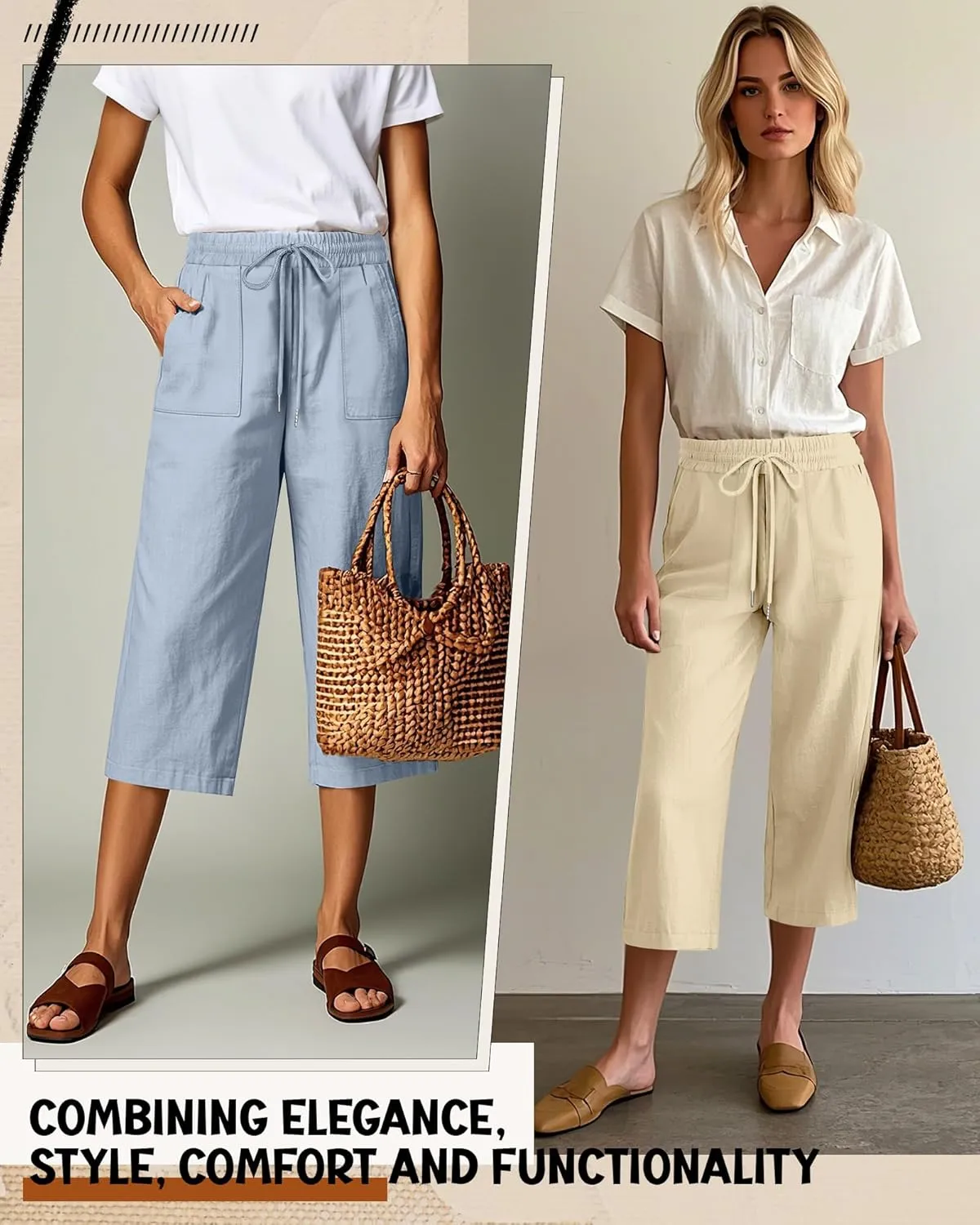 Riyiper 2 Pcs Women's Cotton Linen Wide Leg Capri Pants, Drawstring Casual Cropped Trousers Loose Palazzo Pants with Pockets