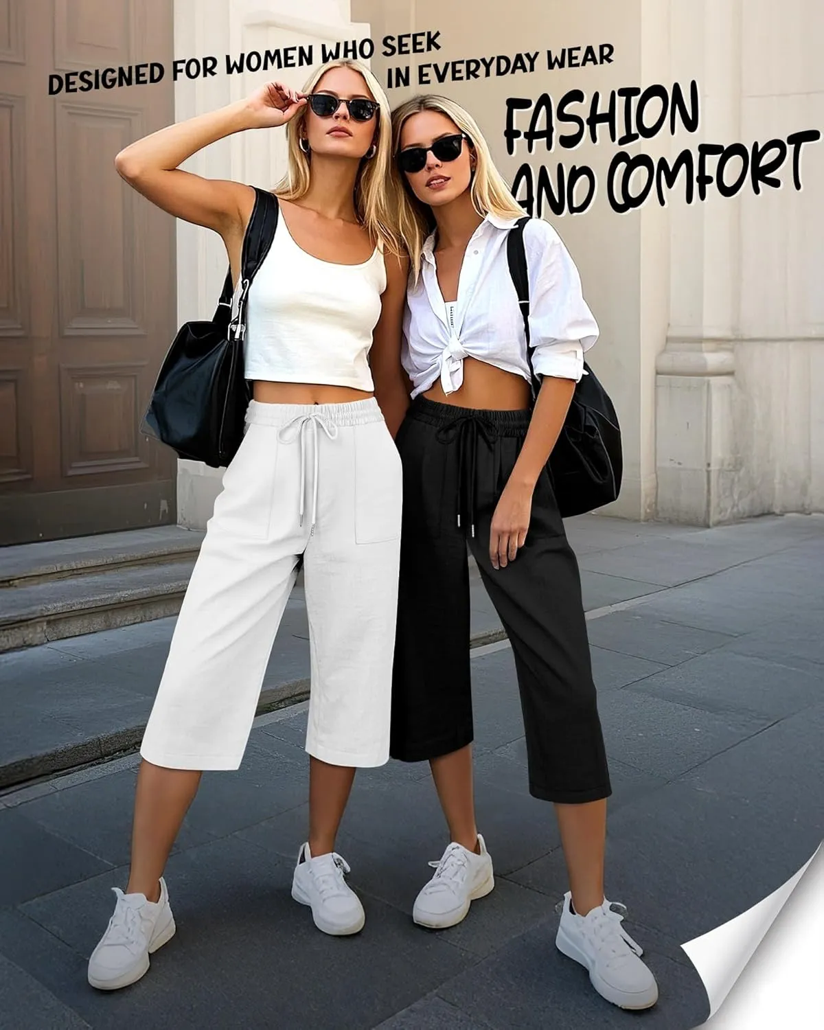 Riyiper 2 Pcs Women's Cotton Linen Wide Leg Capri Pants, Drawstring Casual Cropped Trousers Loose Palazzo Pants with Pockets