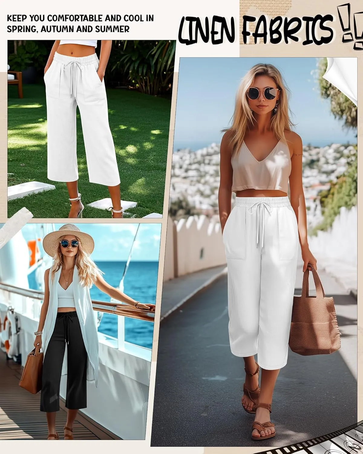 Riyiper 2 Pcs Women's Cotton Linen Wide Leg Capri Pants, Drawstring Casual Cropped Trousers Loose Palazzo Pants with Pockets