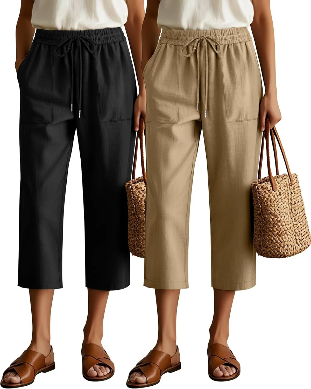 Riyiper 2 Pcs Women's Cotton Linen Wide Leg Capri Pants, Drawstring Casual Cropped Trousers Loose Palazzo Pants with Pockets