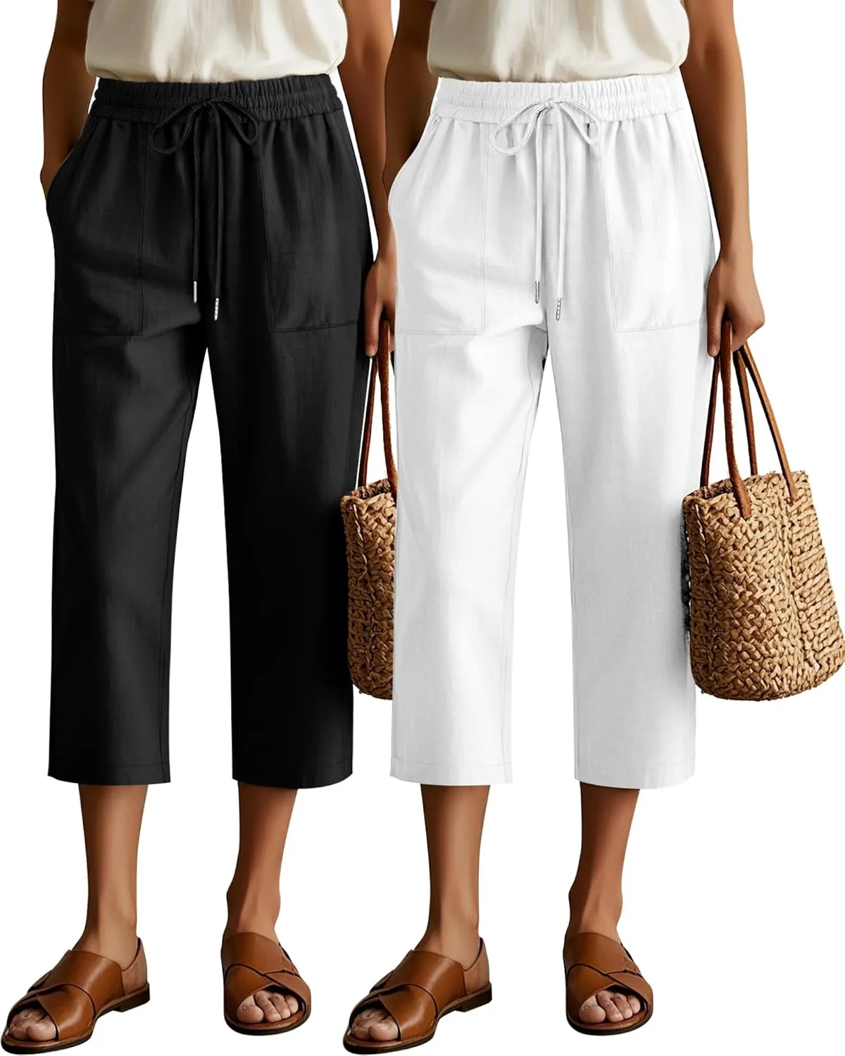 Riyiper 2 Pcs Women's Cotton Linen Wide Leg Capri Pants, Drawstring Casual Cropped Trousers Loose Palazzo Pants with Pockets