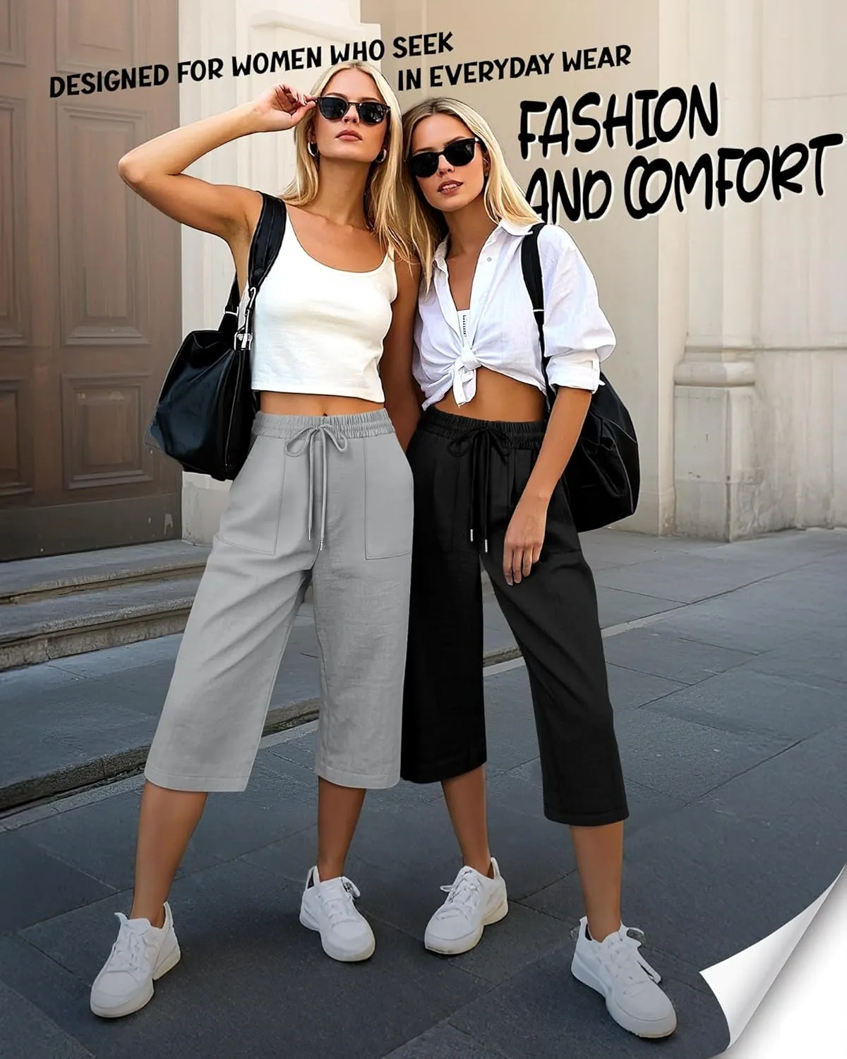 Riyiper 2 Pcs Women's Cotton Linen Wide Leg Capri Pants, Drawstring Casual Cropped Trousers Loose Palazzo Pants with Pockets