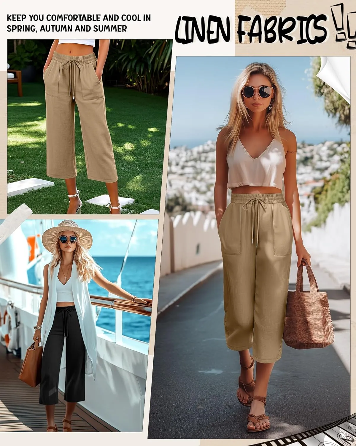 Riyiper 2 Pcs Women's Cotton Linen Wide Leg Capri Pants, Drawstring Casual Cropped Trousers Loose Palazzo Pants with Pockets