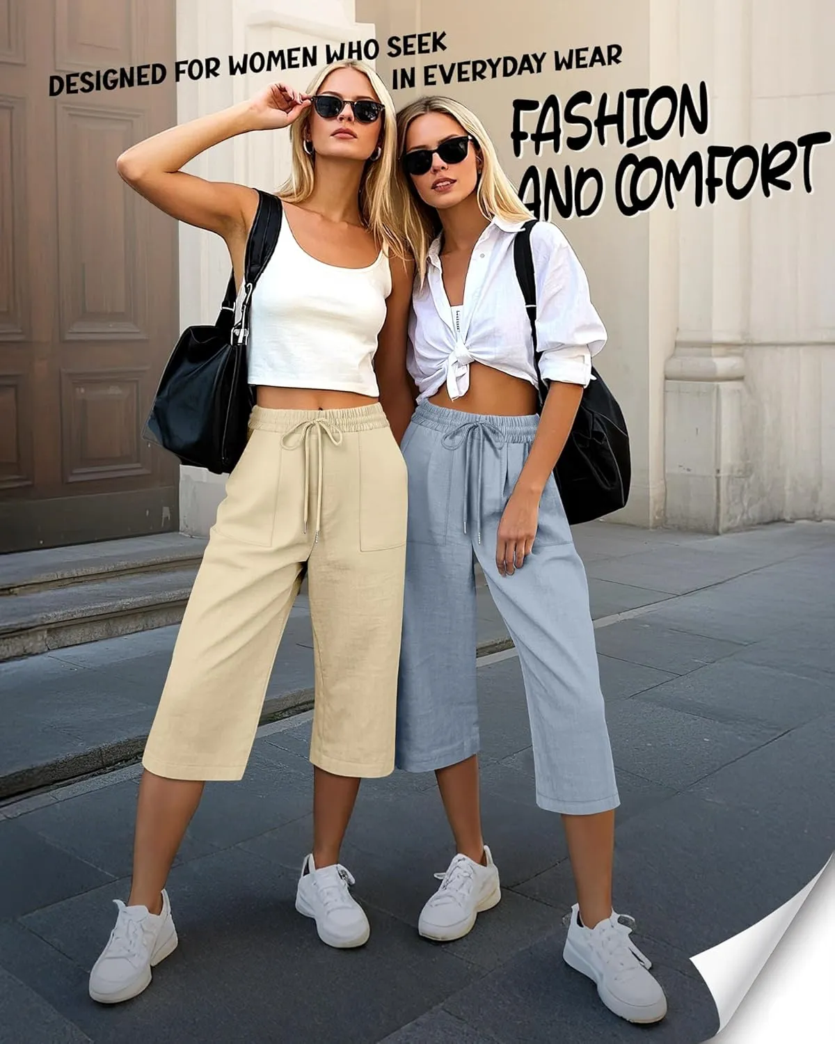 Riyiper 2 Pcs Women's Cotton Linen Wide Leg Capri Pants, Drawstring Casual Cropped Trousers Loose Palazzo Pants with Pockets