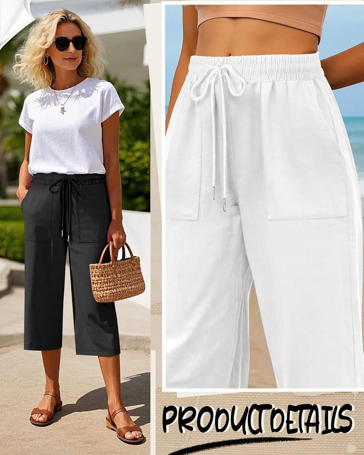 Riyiper 2 Pcs Women's Cotton Linen Wide Leg Capri Pants, Drawstring Casual Cropped Trousers Loose Palazzo Pants with Pockets
