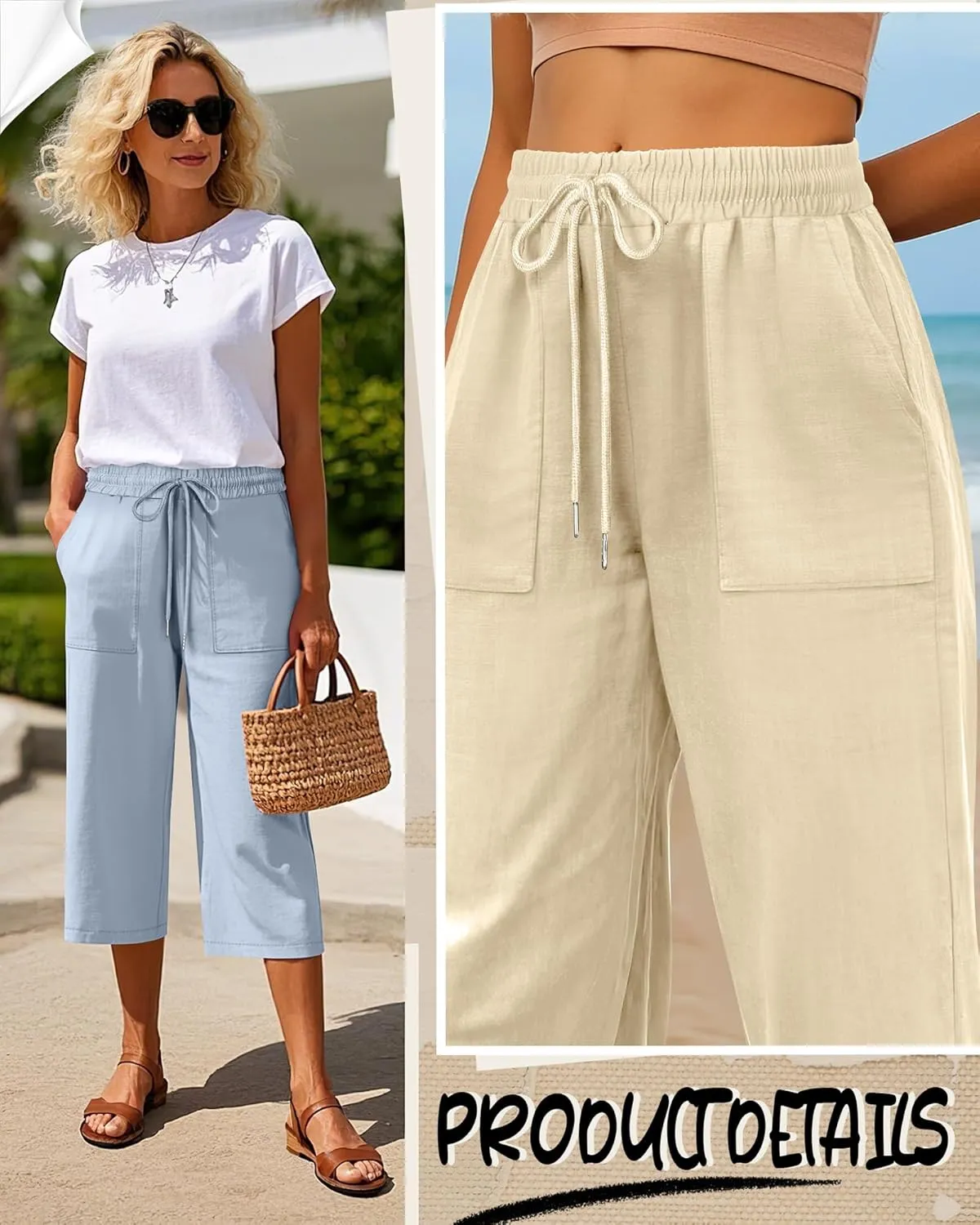 Riyiper 2 Pcs Women's Cotton Linen Wide Leg Capri Pants, Drawstring Casual Cropped Trousers Loose Palazzo Pants with Pockets