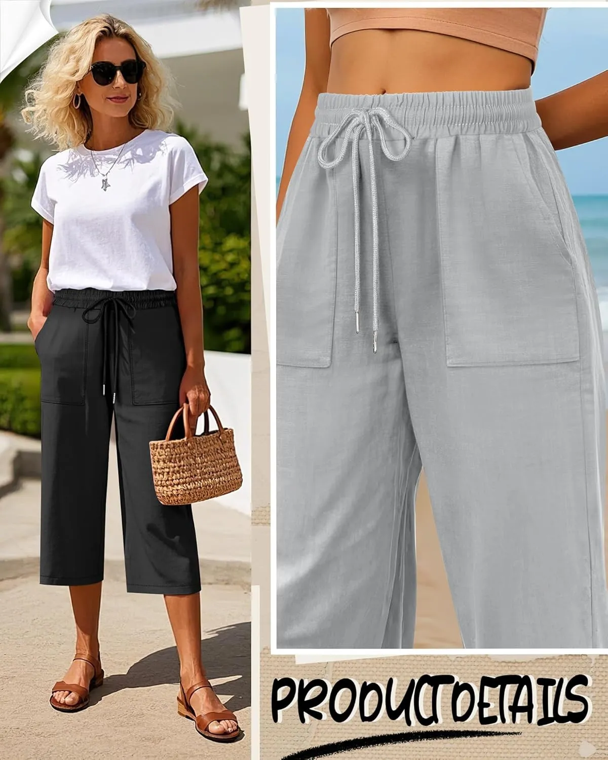 Riyiper 2 Pcs Women's Cotton Linen Wide Leg Capri Pants, Drawstring Casual Cropped Trousers Loose Palazzo Pants with Pockets