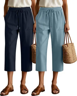 Riyiper 2 Pcs Women's Cotton Linen Wide Leg Capri Pants, Drawstring Casual Cropped Trousers Loose Palazzo Pants with Pockets