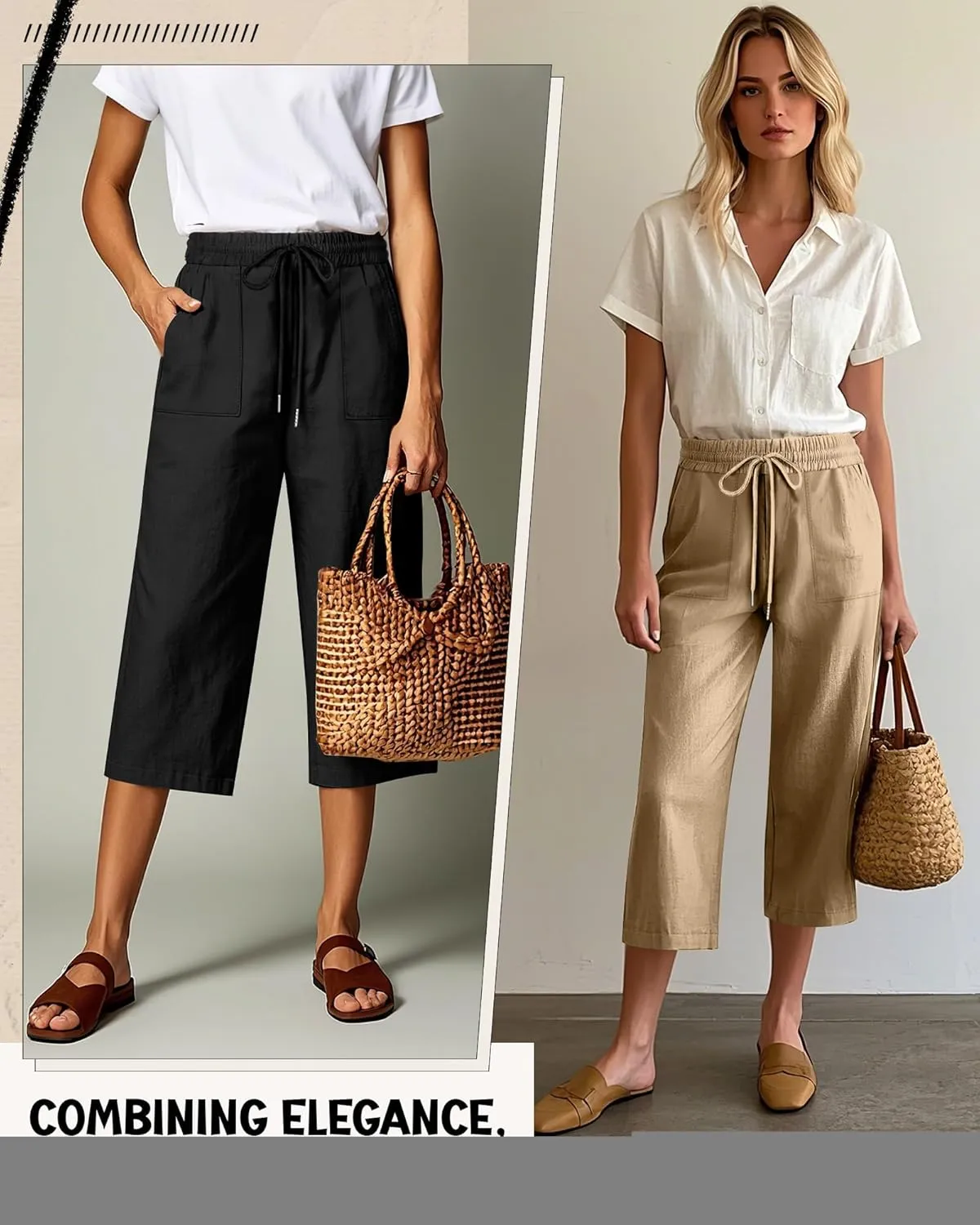 Riyiper 2 Pcs Women's Cotton Linen Wide Leg Capri Pants, Drawstring Casual Cropped Trousers Loose Palazzo Pants with Pockets