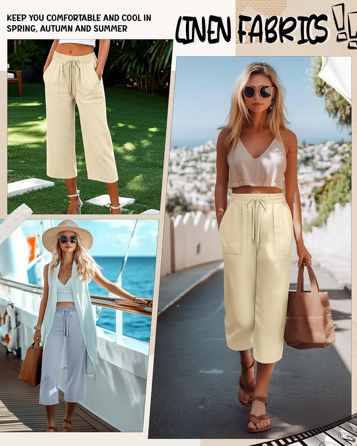 Riyiper 2 Pcs Women's Cotton Linen Wide Leg Capri Pants, Drawstring Casual Cropped Trousers Loose Palazzo Pants with Pockets