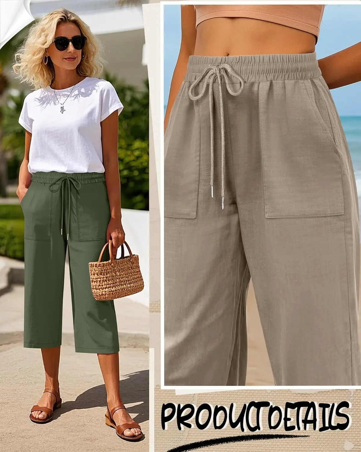 Riyiper 2 Pcs Women's Cotton Linen Wide Leg Capri Pants, Drawstring Casual Cropped Trousers Loose Palazzo Pants with Pockets