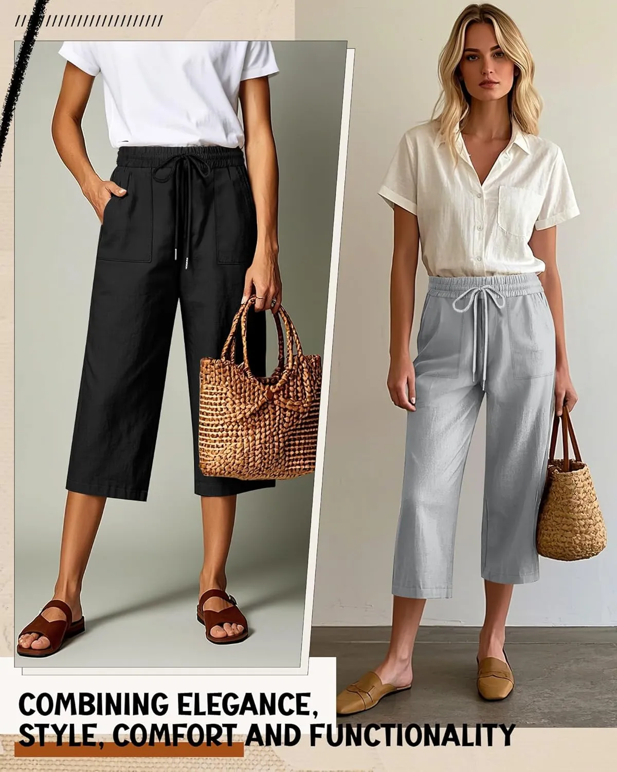 Riyiper 2 Pcs Women's Cotton Linen Wide Leg Capri Pants, Drawstring Casual Cropped Trousers Loose Palazzo Pants with Pockets