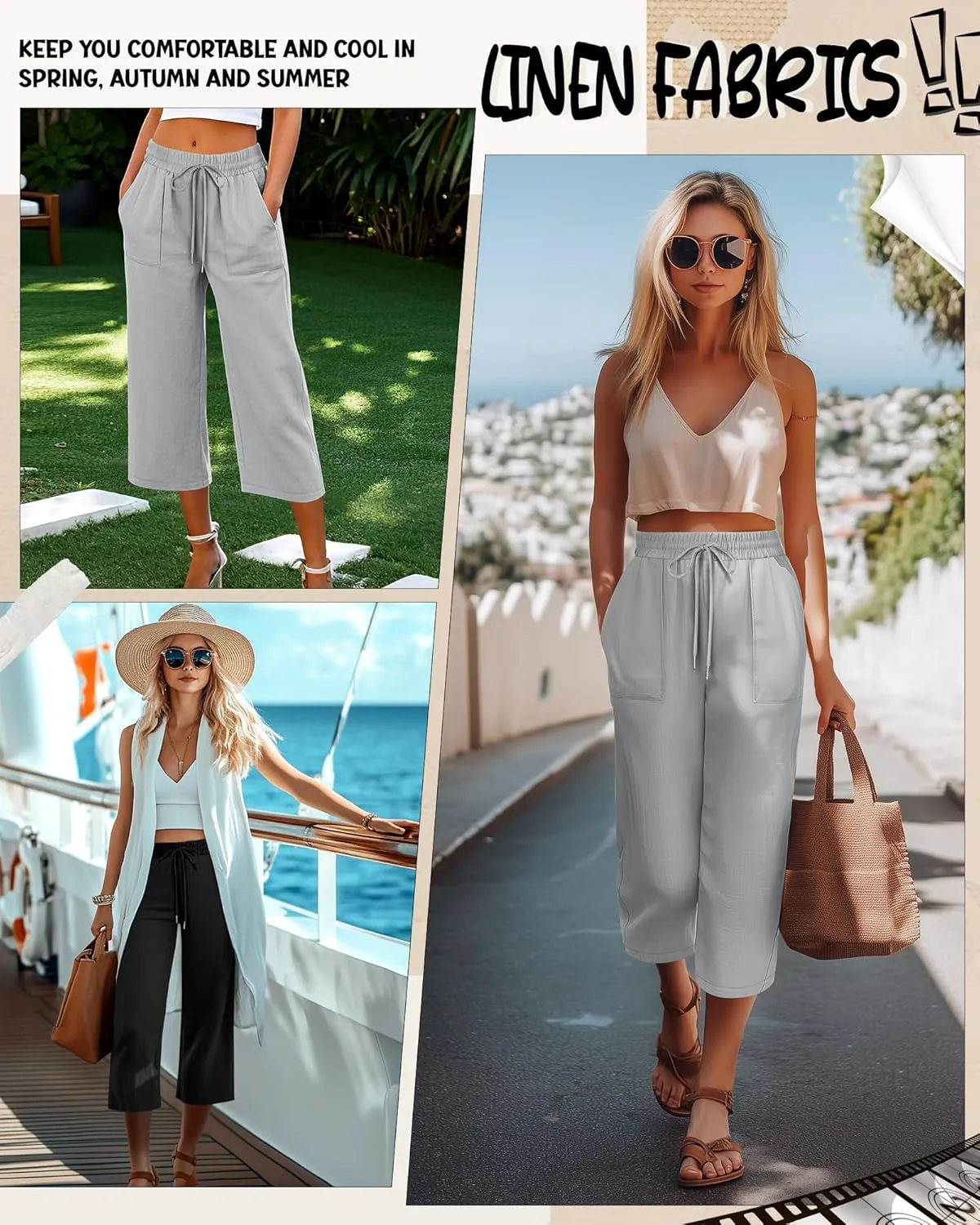 Riyiper 2 Pcs Women's Cotton Linen Wide Leg Capri Pants, Drawstring Casual Cropped Trousers Loose Palazzo Pants with Pockets