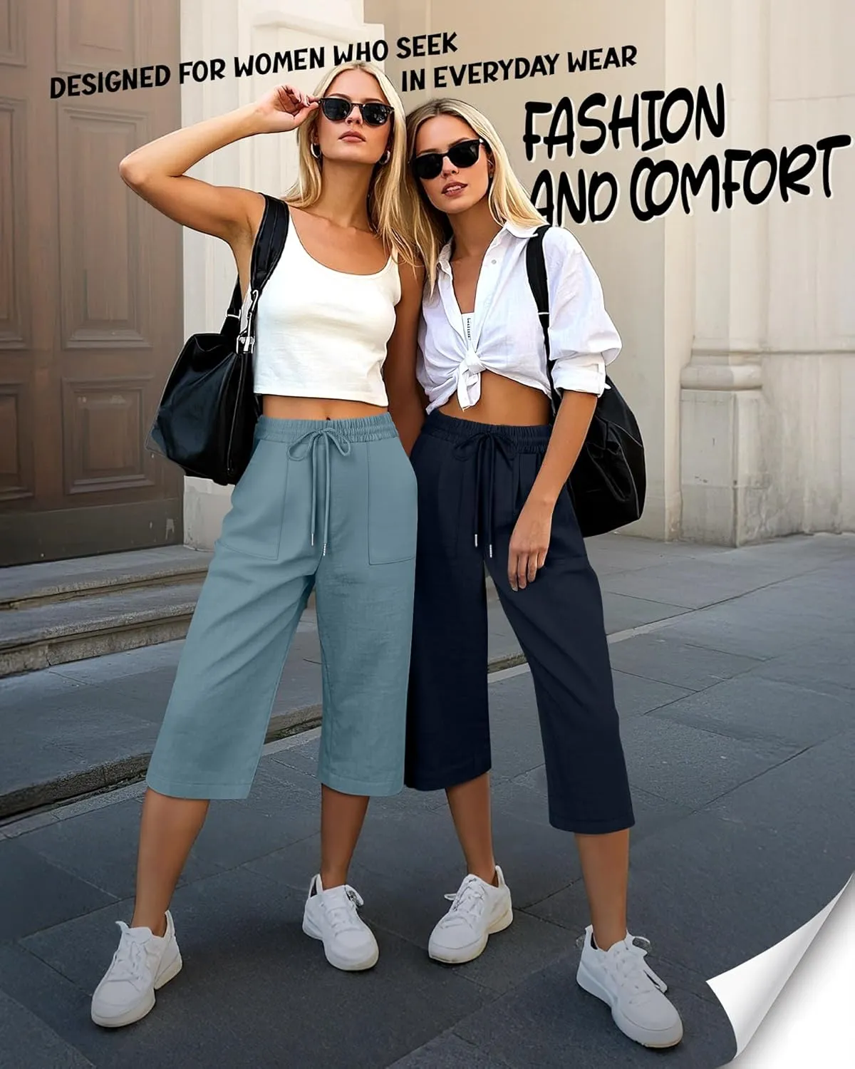 Riyiper 2 Pcs Women's Cotton Linen Wide Leg Capri Pants, Drawstring Casual Cropped Trousers Loose Palazzo Pants with Pockets
