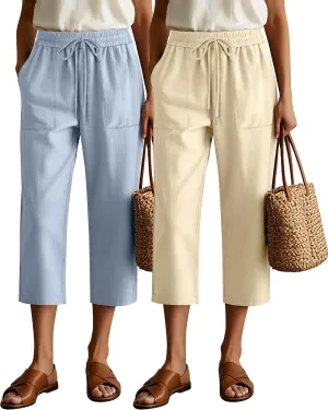 Riyiper 2 Pcs Women's Cotton Linen Wide Leg Capri Pants, Drawstring Casual Cropped Trousers Loose Palazzo Pants with Pockets