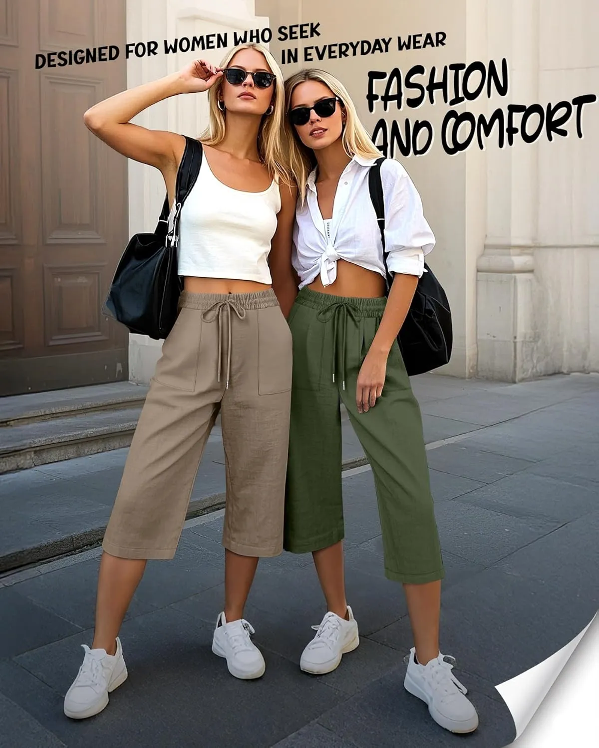 Riyiper 2 Pcs Women's Cotton Linen Wide Leg Capri Pants, Drawstring Casual Cropped Trousers Loose Palazzo Pants with Pockets